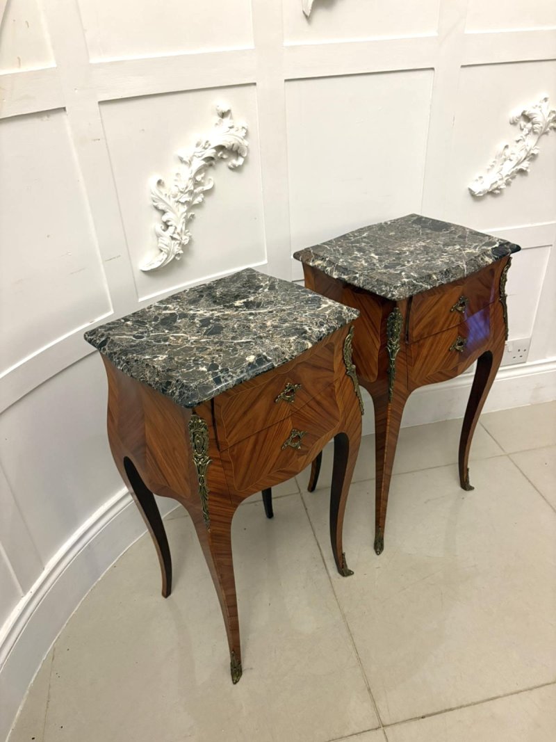 Antique Pair of Quality French Louis XV Style Marble-Top Bedside Cabinets